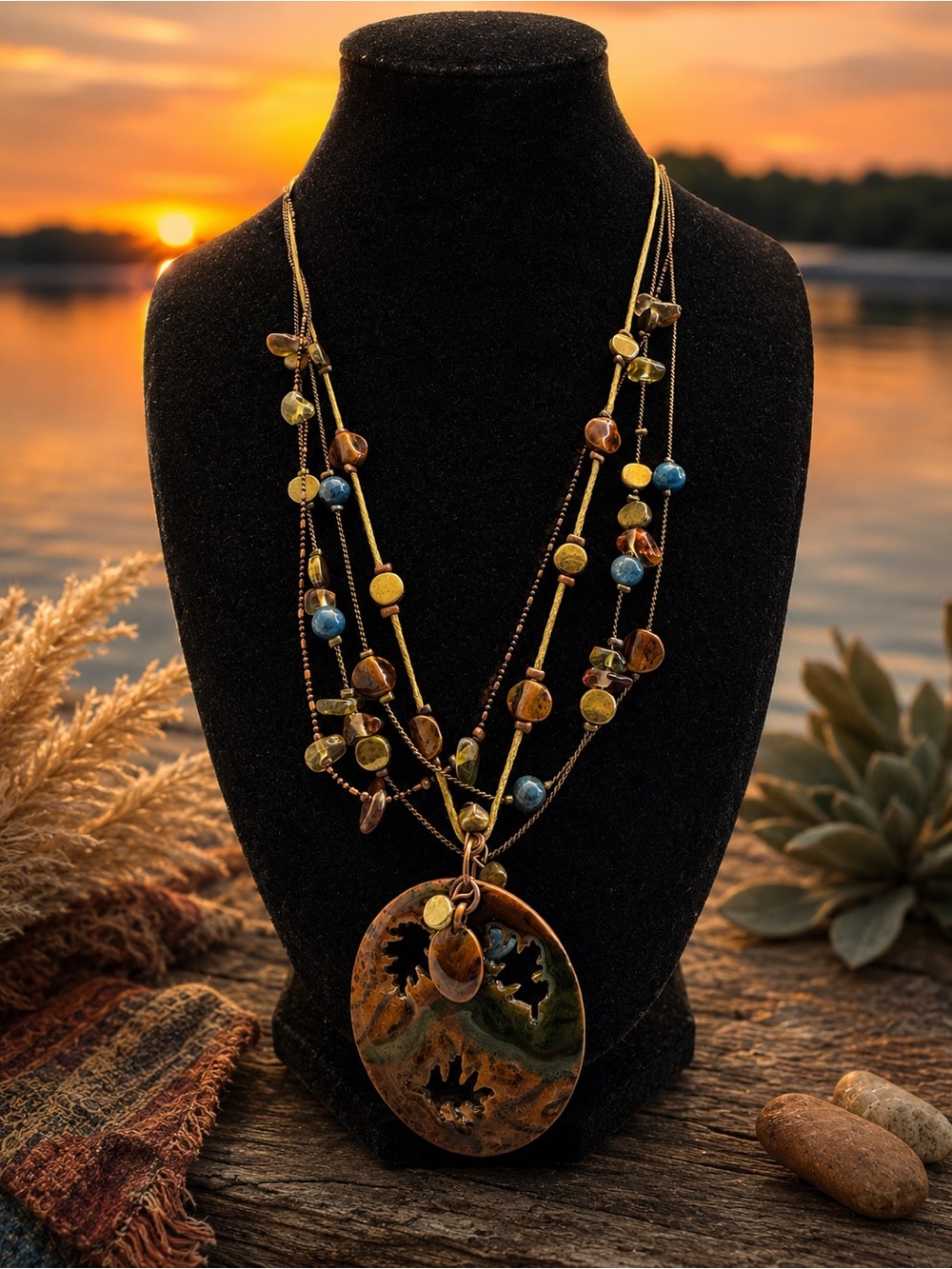 Multi-Strand Earthy with Copper/blue enamel Pedant